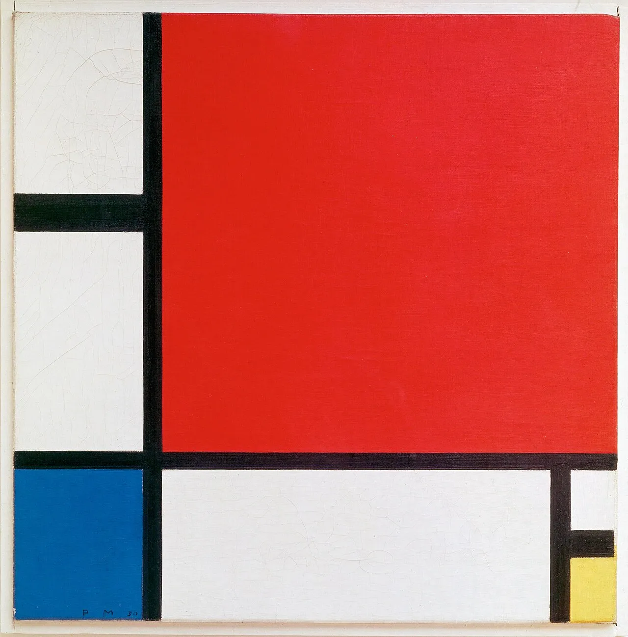 Toile blanche divisée par des lignes noires avec un grand carré rouge, un petit bleu et un jaune