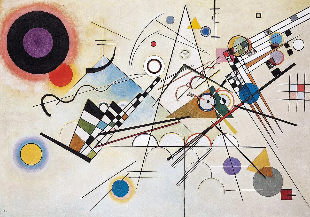 Tableau abstrait de cercles, lignes et triangles colorés sur fond clair