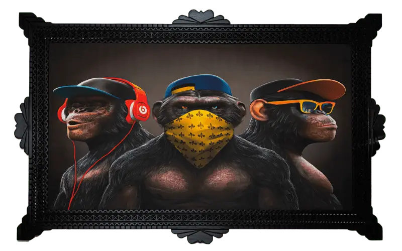 Tableau des trois singes de la sagesse en casquettes, cadre baroque noir