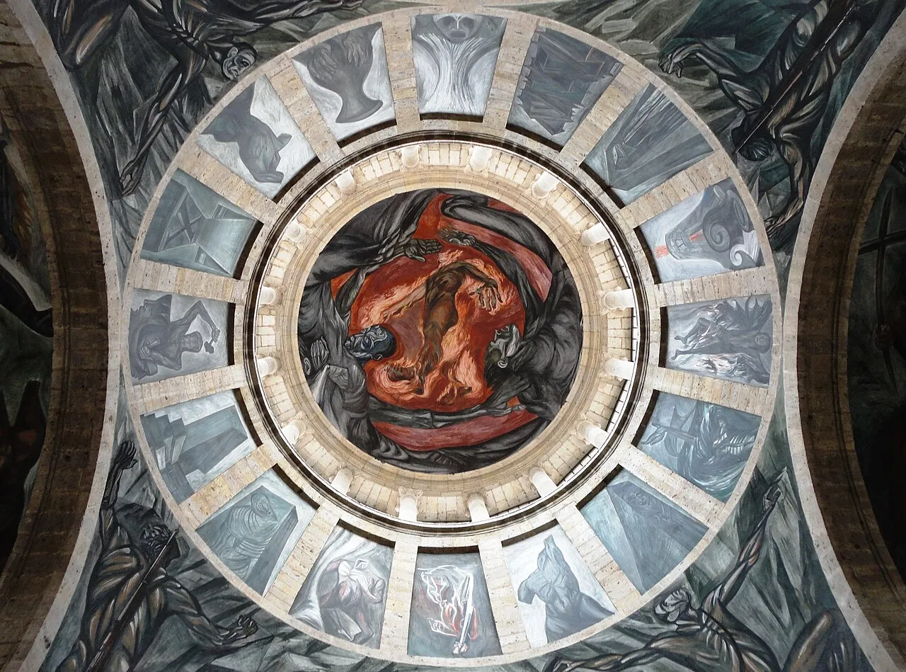 Coupole peinte à fresque avec au centre un homme en flammes, entourée de figures