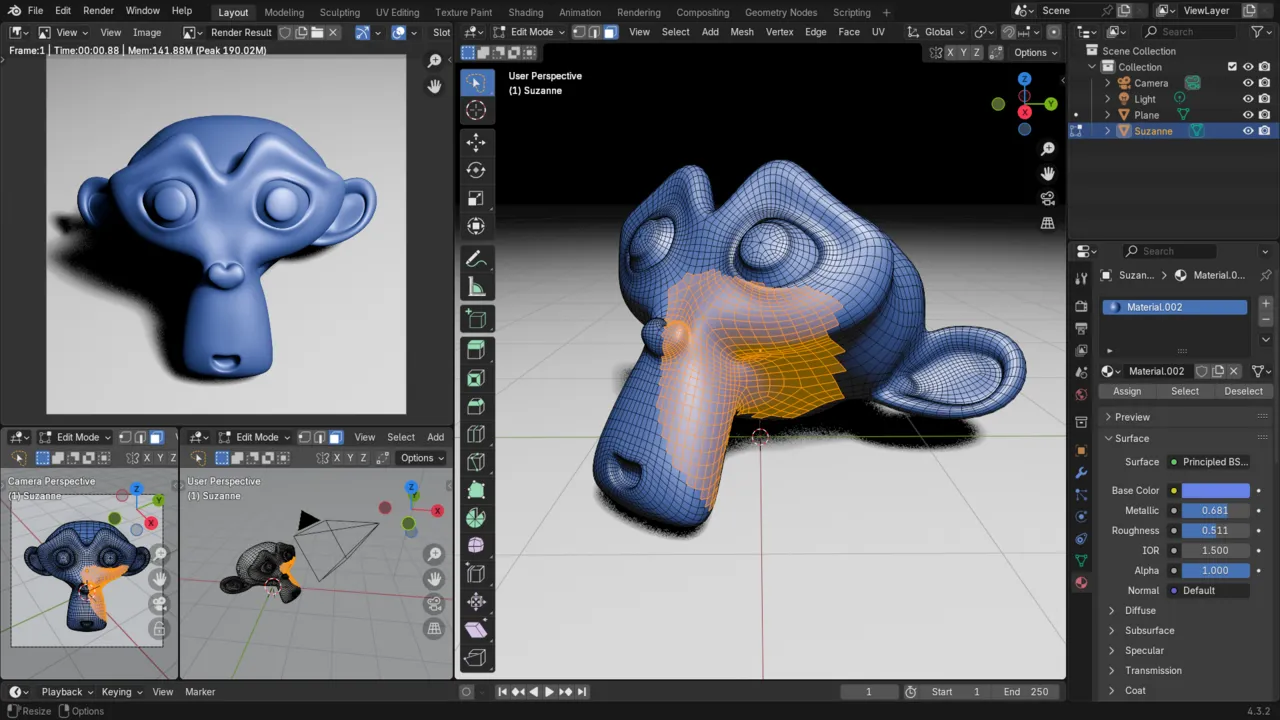 Interface du logiciel Blender avec la tête de singe Suzanne modélisée en 3D sous plusieurs vues