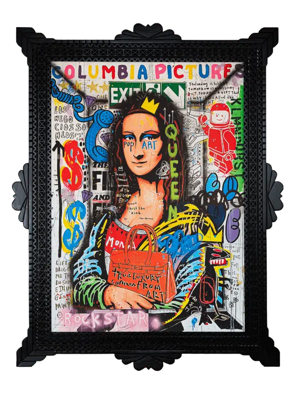 Tableau pop art de la Joconde couronnée, cadre baroque noir