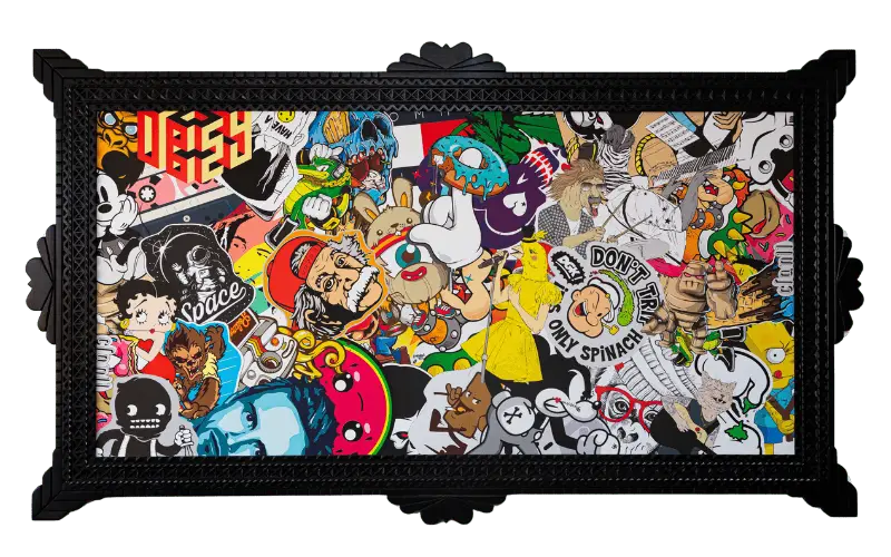 Grand tableau pop art façon collage de stickers de dessins animés, cadre baroque noir