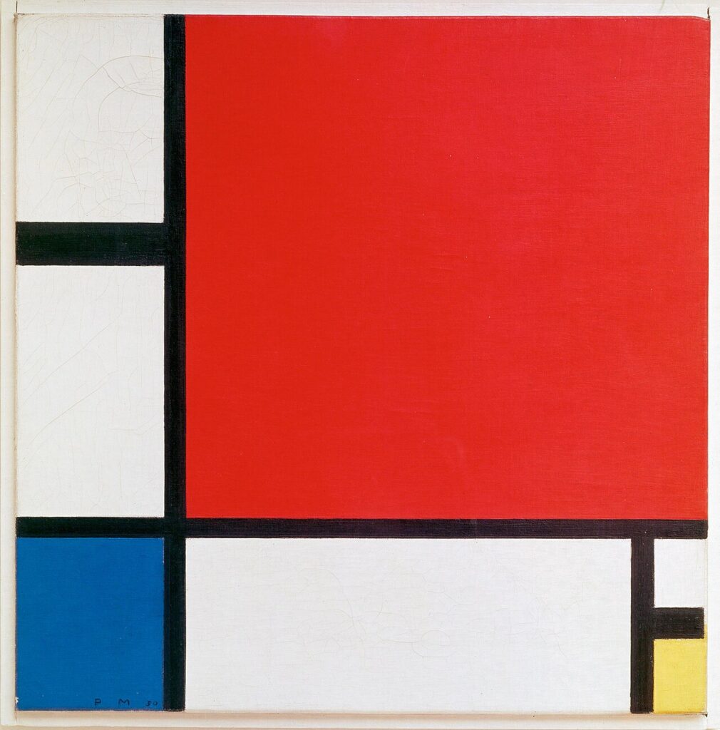 Toile blanche divisée par des lignes noires avec un grand carré rouge, un petit bleu et un jaune