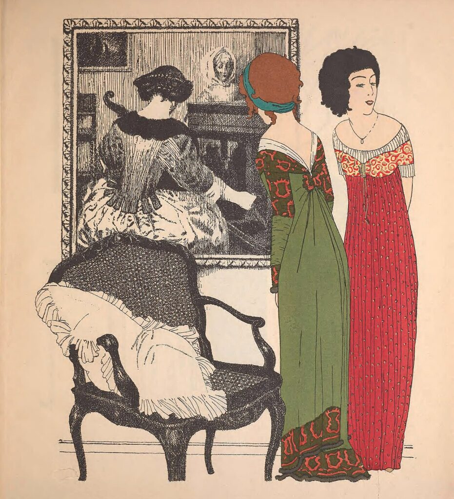 Illustration de 1908 : deux femmes en longues robes droites verte et rouge devant un tableau