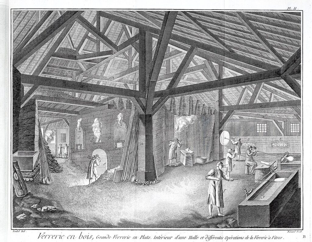 Gravure de l'Encyclopédie montrant l'intérieur d'une verrerie avec ses fours et ses ouvriers