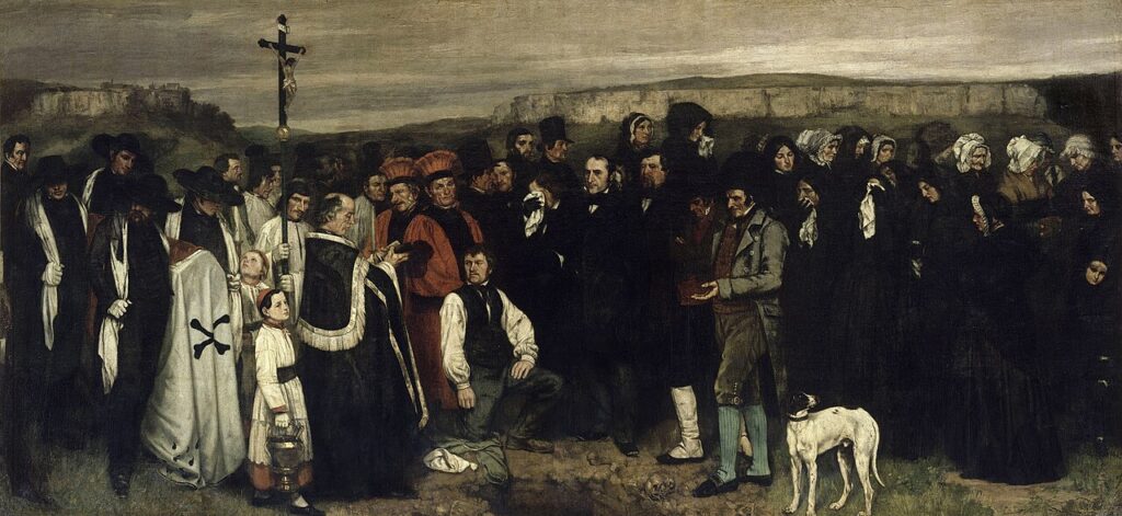 Grande toile sombre montrant une foule en deuil autour d'une fosse dans un paysage de falaises
