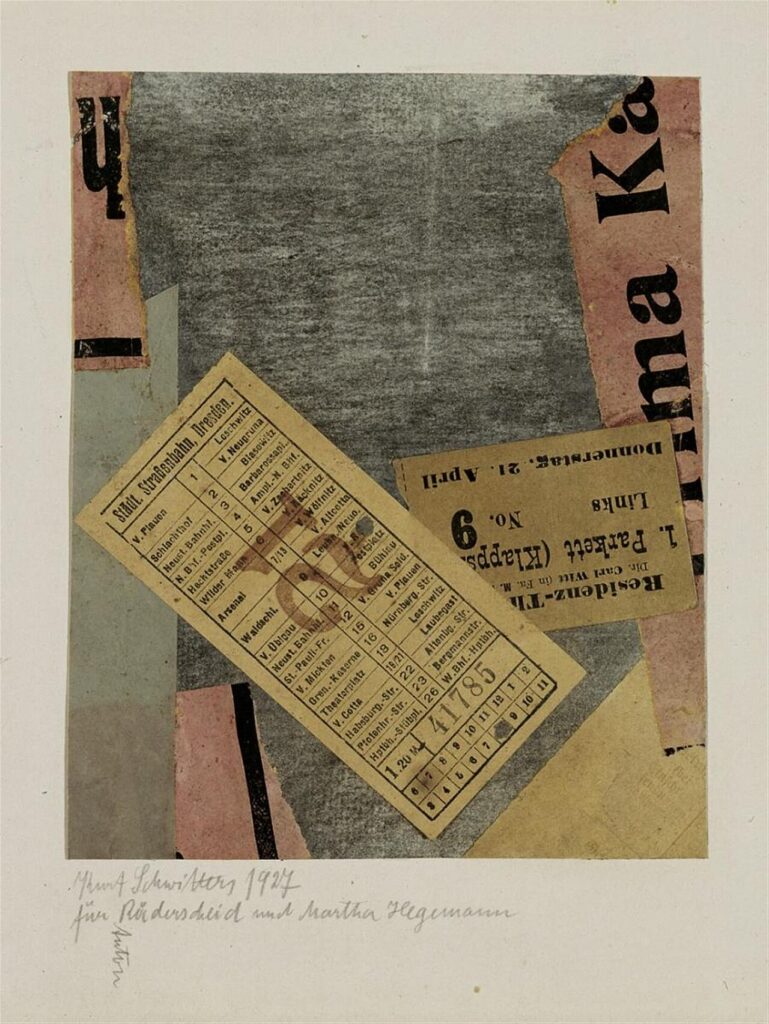 Collage de papiers colorés, de billets de tramway et de fragments imprimés sur fond gris