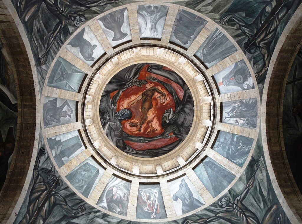 Coupole peinte à fresque avec au centre un homme en flammes, entourée de figures